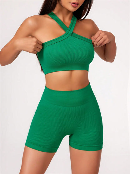 2-teiliges Damen Yoga-Set – Naked Feel Gym Outfit mit High-Waist Shorts & Strappy Sport-BH, Sommer Fitness-Set für Workout