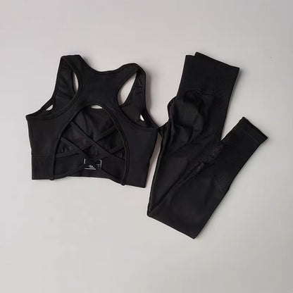2-teiliges Damen Fitness-Set – Sport-BH (stoßfest) im Tank-Top-Design & Leggings, Yoga- & Running-Outfit mit schönem Rücken-Design