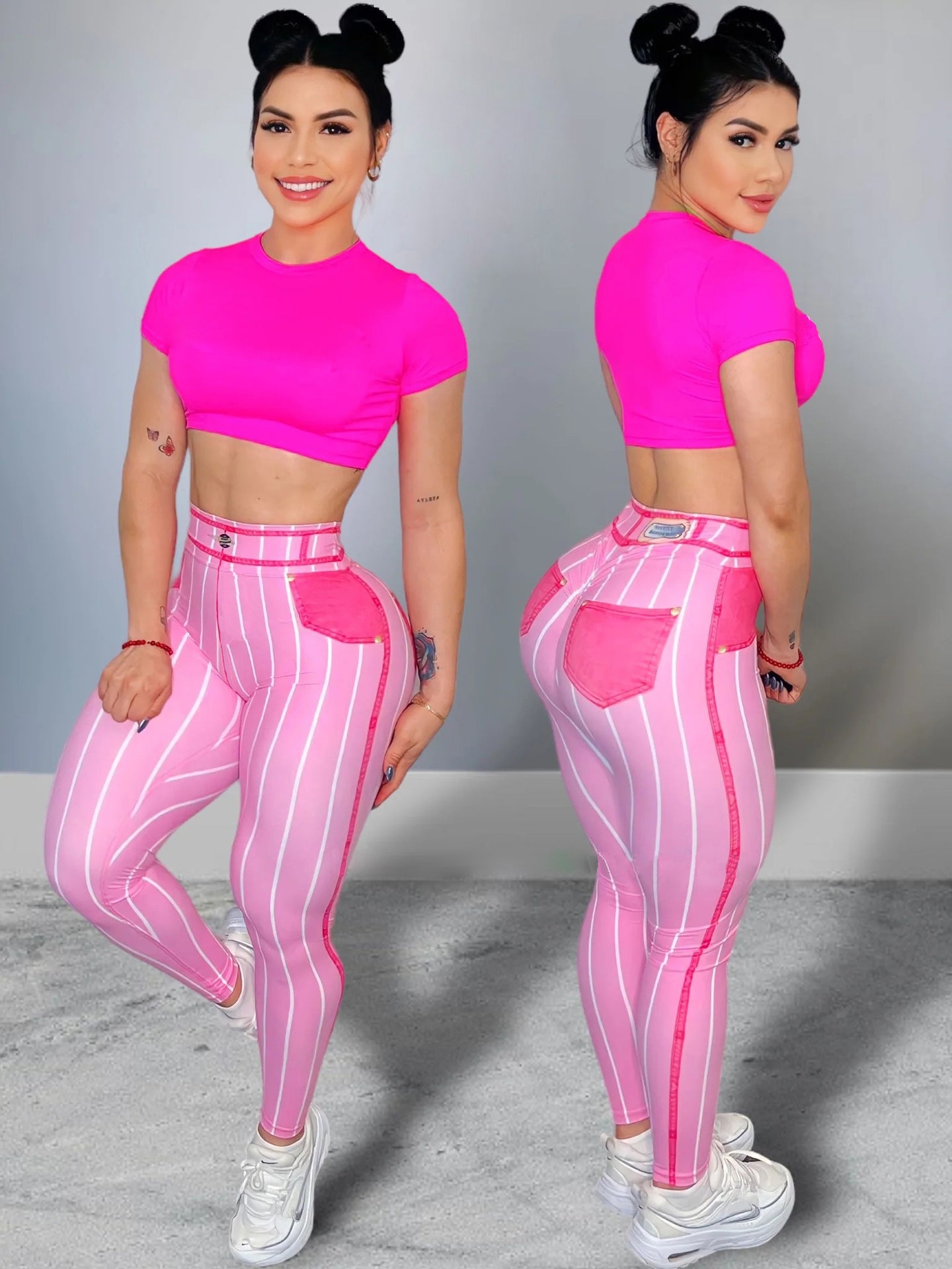 Damen High-Waist Sportleggings – Push-Up mit Streifen-Print für Fitness & Workout