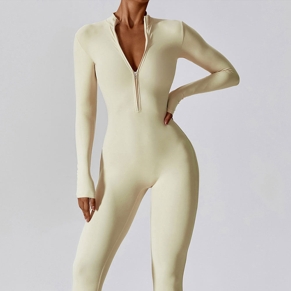 Damen Yoga-Boilersuit Langarm – Enganliegender Fitness-Jumpsuit mit Reißverschluss für Gym & High-Intensity-Workout