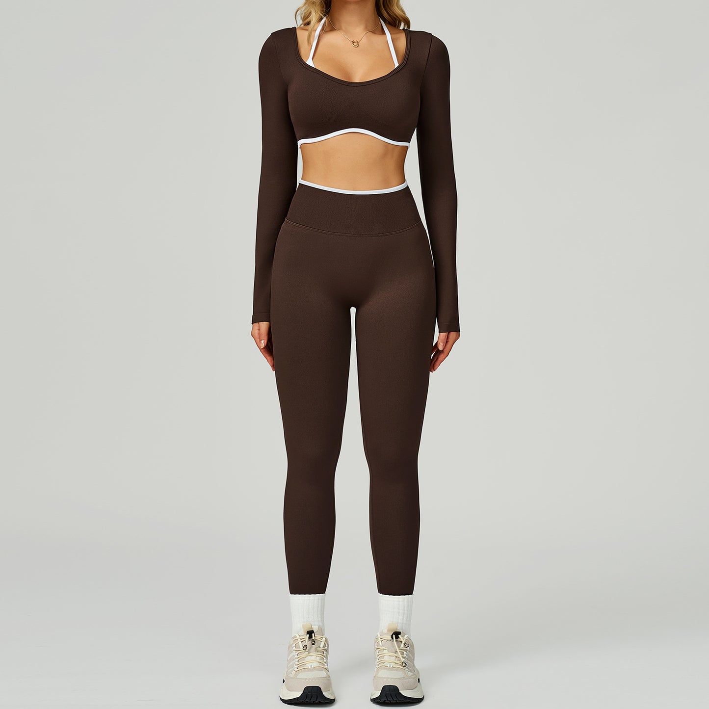 Nahtloses Damen Yoga Set (2-teilig) – Fitness Leggings & Langarm Sport-BH, Sportbekleidung für Gym & Workout