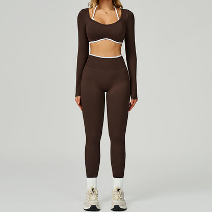 Nahtloses Damen Yoga Set (2-teilig) – Fitness Leggings & Langarm Sport-BH, Sportbekleidung für Gym & Workout