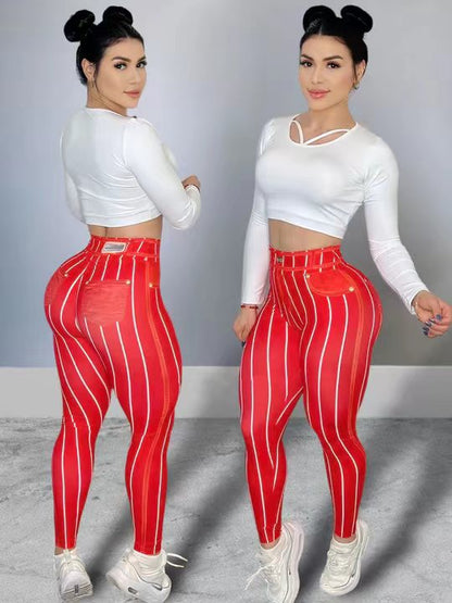 Damen High-Waist Sportleggings – Push-Up mit Streifen-Print für Fitness & Workout