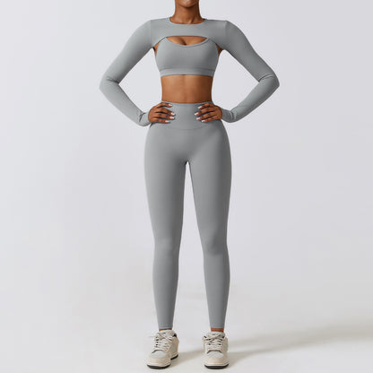 Damen Yoga- & Fitness-Set (2-/3-teig) – Sportleggings, Fitness-BH, Crop Top & Langarm Yoga-Anzug für Fitnessstudio & Workout