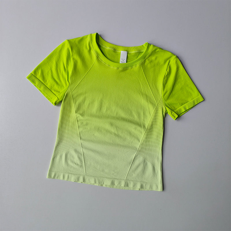 Damen Seamless Crop Top Kurzarm – Fitness & Yoga Sport T-Shirt mit Farbverlauf für Training & Running
