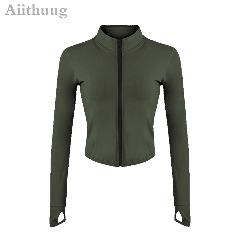 Aiithuug Damen Zip-Up Crop Jacke – Langarm mit Daumenlöchern