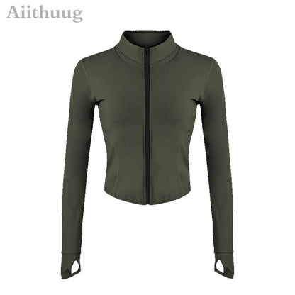 Aiithuug Damen Zip-Up Crop Jacke – Langarm mit Daumenlöchern