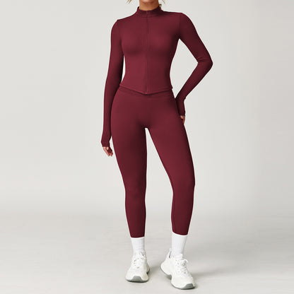 2-teiliges Damen Yoga-Sport-Set – Gym-Trainingsanzug mit langärmeligem Sportshirt & nahtlosen Leggings für Laufen & Workout