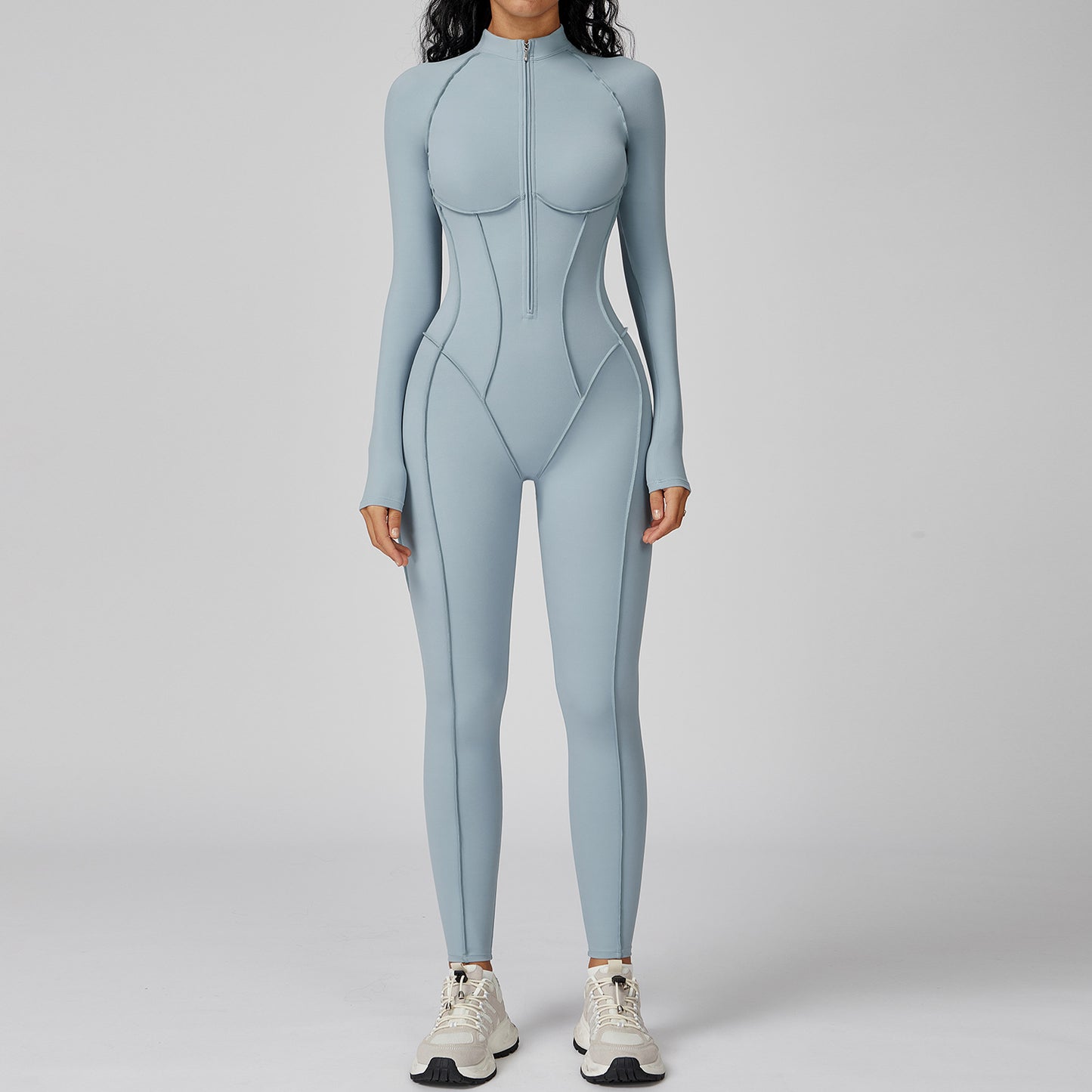 Sexy Damen Sport-Jumpsuit mit Reißverschluss, langärmelig – Fitness-Body für Fitnessstudio, Laufen & Workout