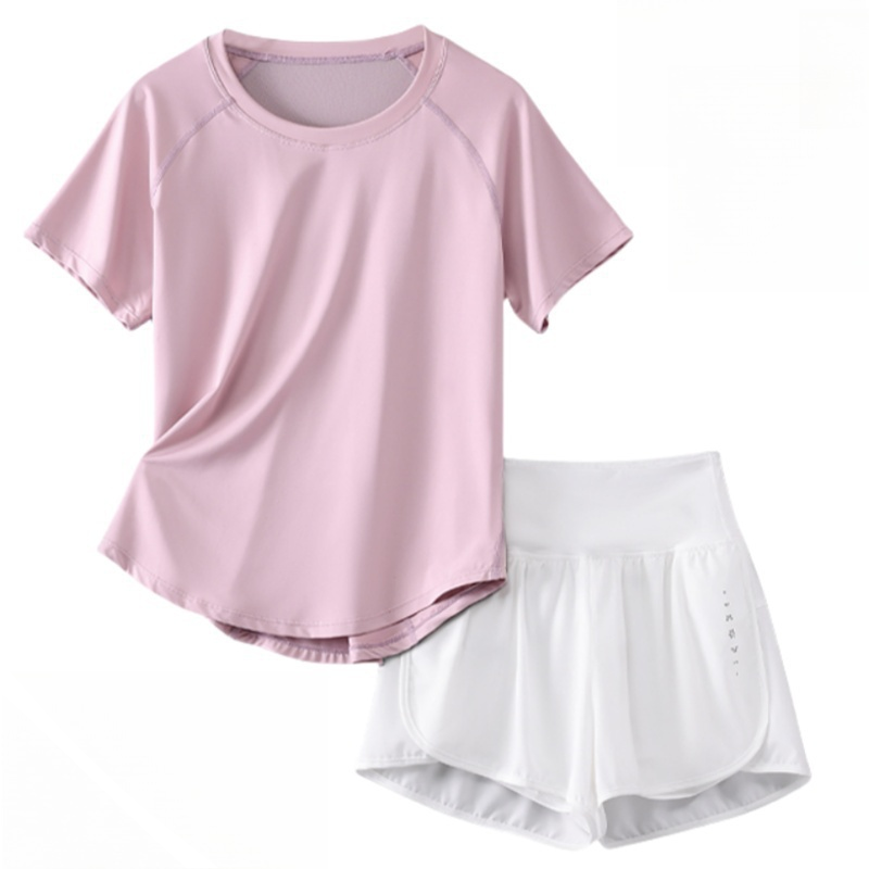 DRUR Damen 2er Yoga Set – Sommer Sport Outfit mit Kurzarm-Top & Running Shorts