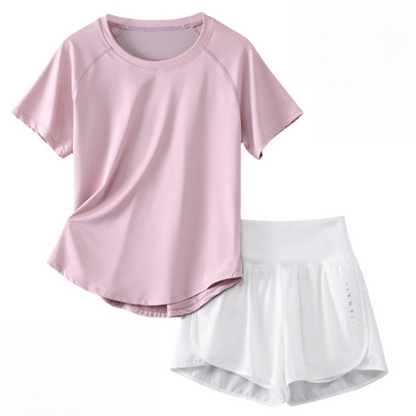 DRUR Damen 2er Yoga Set – Sommer Sport Outfit mit Kurzarm-Top & Running Shorts