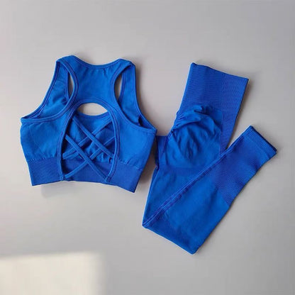 2-teiliges Damen Fitness-Set – Sport-BH (stoßfest) im Tank-Top-Design & Leggings, Yoga- & Running-Outfit mit schönem Rücken-Design