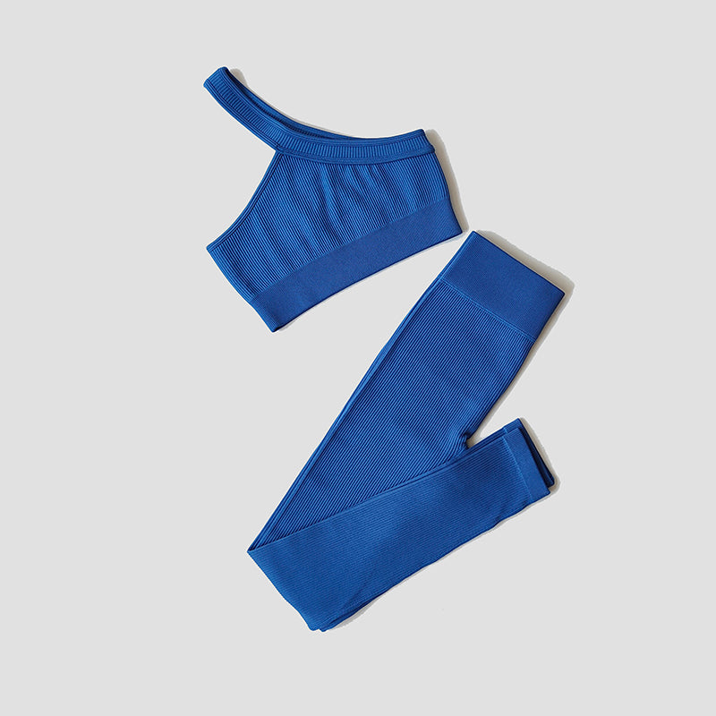 Damen Yoga- & Fitness-Set – Langarm Crop Top, One-Shoulder Sport-BH & High-Waist Seamless Leggings, Sportanzug für Gym & Workout