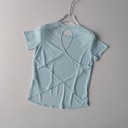 Damen Yoga Top Kurzarm – Mesh, Cross-Back Design & Figurbetontes Fitness Sportshirt