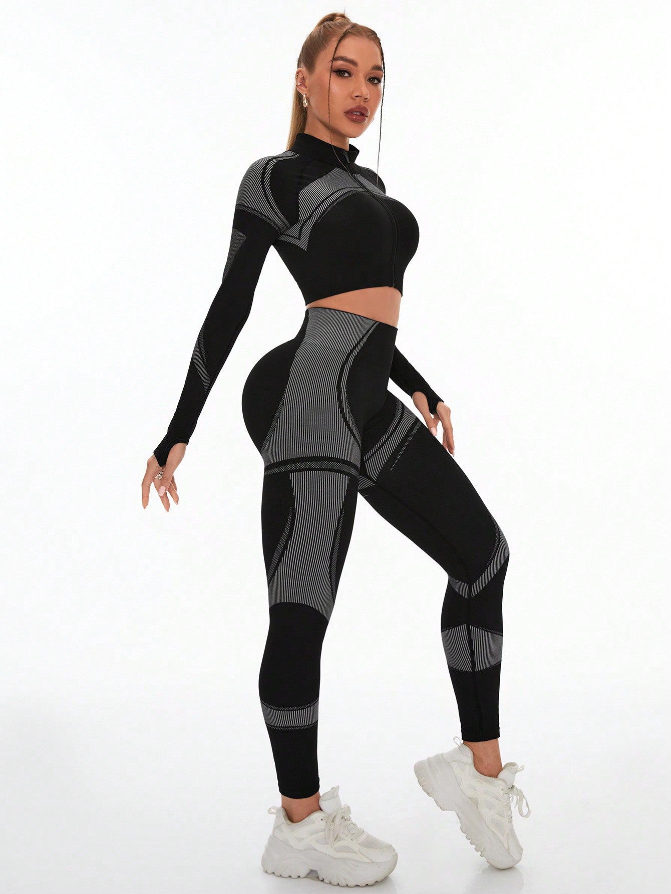 Nahtloses Damen-Yoga- und Fitness-Set – Leggings mit hohem Bund und Bauchkontrolle & Langarmshirt für Sport und Outdoor