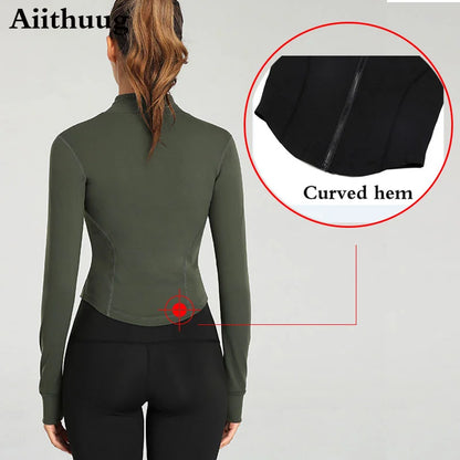 Aiithuug Damen Zip-Up Crop Jacke – Langarm mit Daumenlöchern