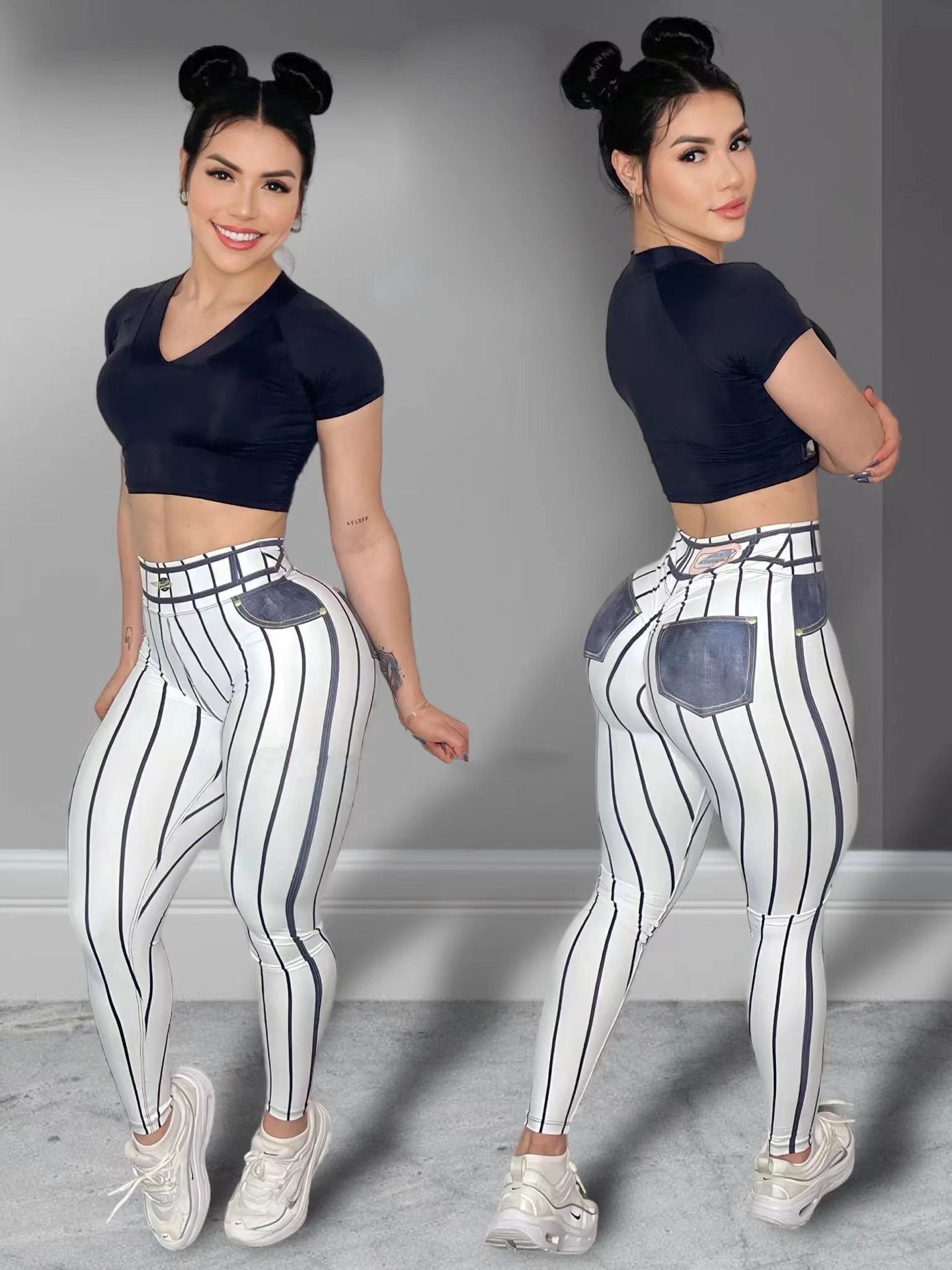 Damen High-Waist Sportleggings – Push-Up mit Streifen-Print für Fitness & Workout
