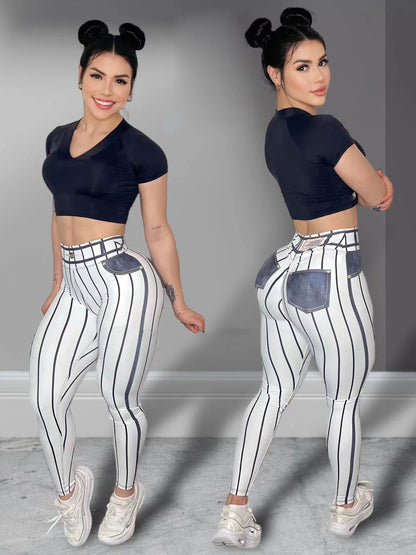 Damen High-Waist Sportleggings – Push-Up mit Streifen-Print für Fitness & Workout