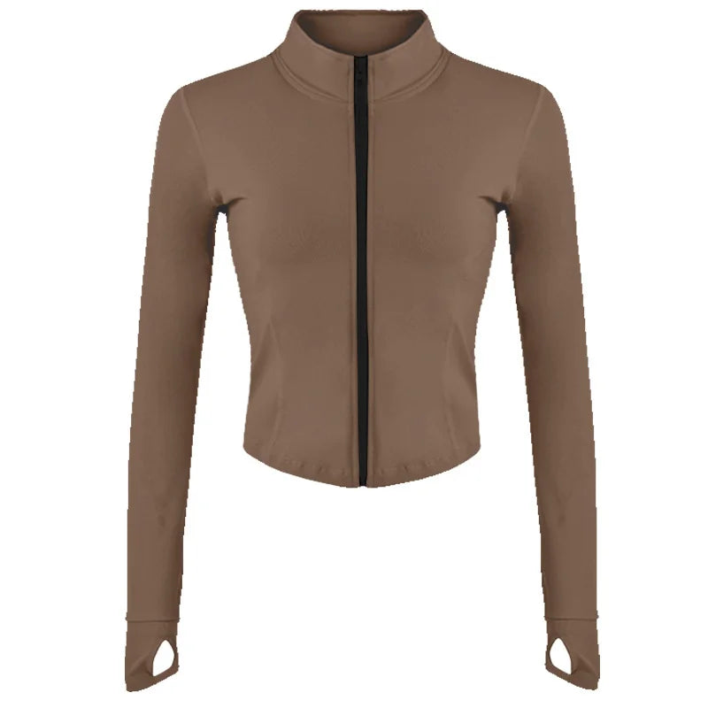 Aiithuug Damen Zip-Up Crop Jacke – Langarm mit Daumenlöchern
