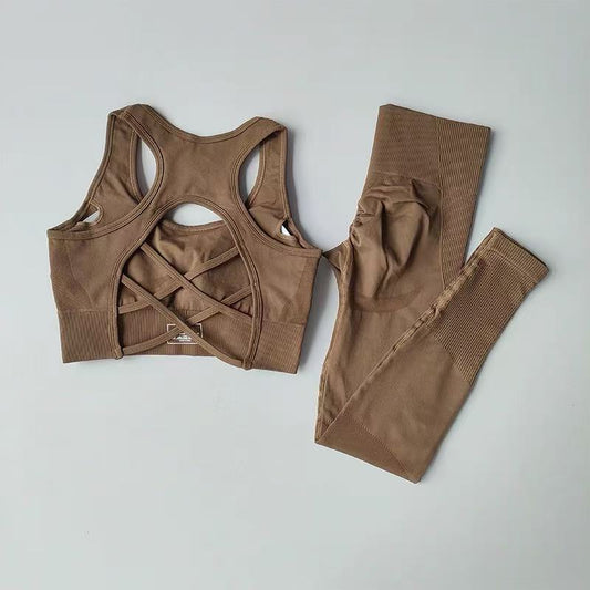 2-teiliges Damen Fitness-Set – Sport-BH (stoßfest) im Tank-Top-Design & Leggings, Yoga- & Running-Outfit mit schönem Rücken-Design