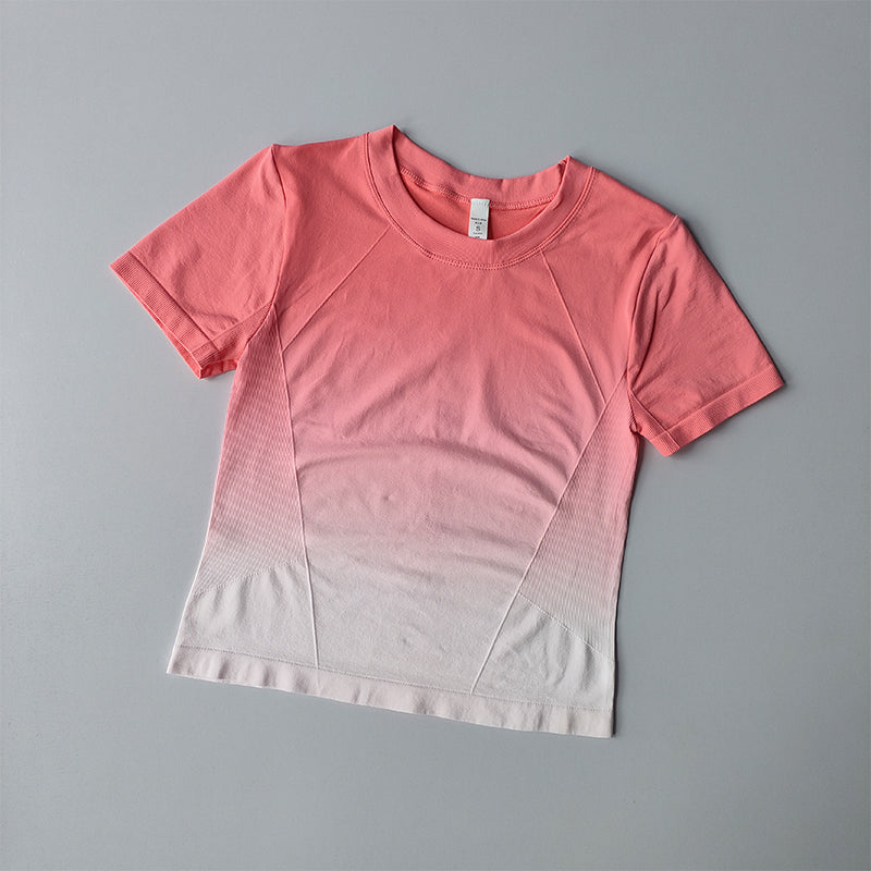 Damen Seamless Crop Top Kurzarm – Fitness & Yoga Sport T-Shirt mit Farbverlauf für Training & Running