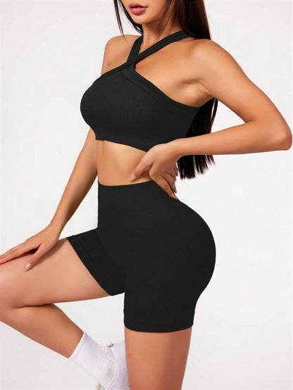 2-teiliges Damen Yoga-Set – Naked Feel Gym Outfit mit High-Waist Shorts & Strappy Sport-BH, Sommer Fitness-Set für Workout