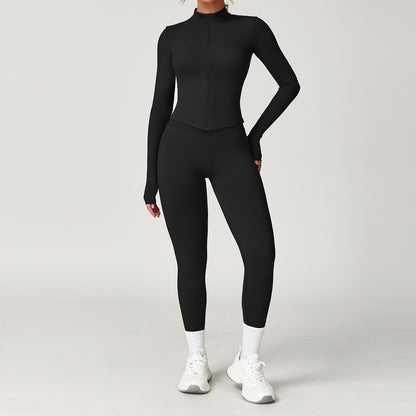 2-teiliges Damen Yoga-Sport-Set – Gym-Trainingsanzug mit langärmeligem Sportshirt & nahtlosen Leggings für Laufen & Workout