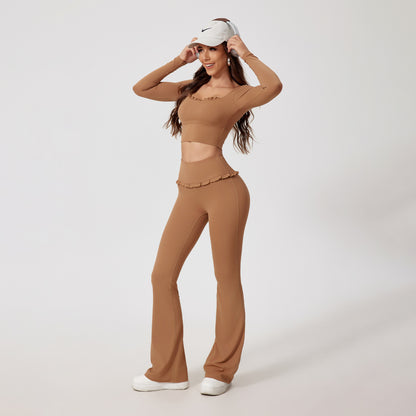 Herbst/Winter 2-teiliges Damen-Fitness- und Yoga-Set – Schnelltrocknender Sportanzug für Outdoor-Training mit langärmeligem Oberteil