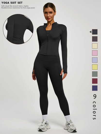 Fitfemme 2-teiliges Damen Frühling Yoga- & Fitness-Set – High-Waist Leggings & Sportjacke für Running, Lifting & Outdoor