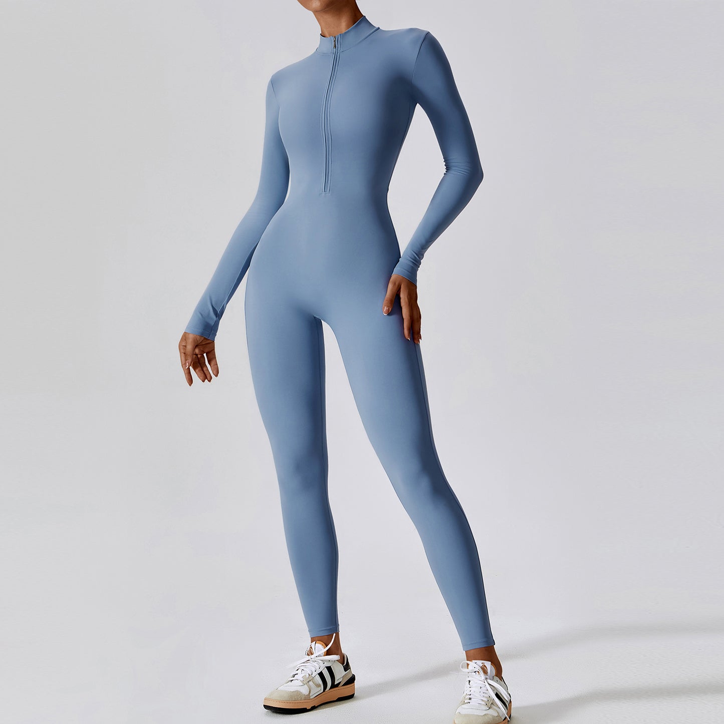 Damen Yoga-Boilersuit Langarm – Enganliegender Fitness-Jumpsuit mit Reißverschluss für Gym & High-Intensity-Workout