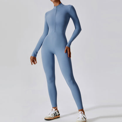 Damen Yoga-Boilersuit Langarm – Enganliegender Fitness-Jumpsuit mit Reißverschluss für Gym & High-Intensity-Workout