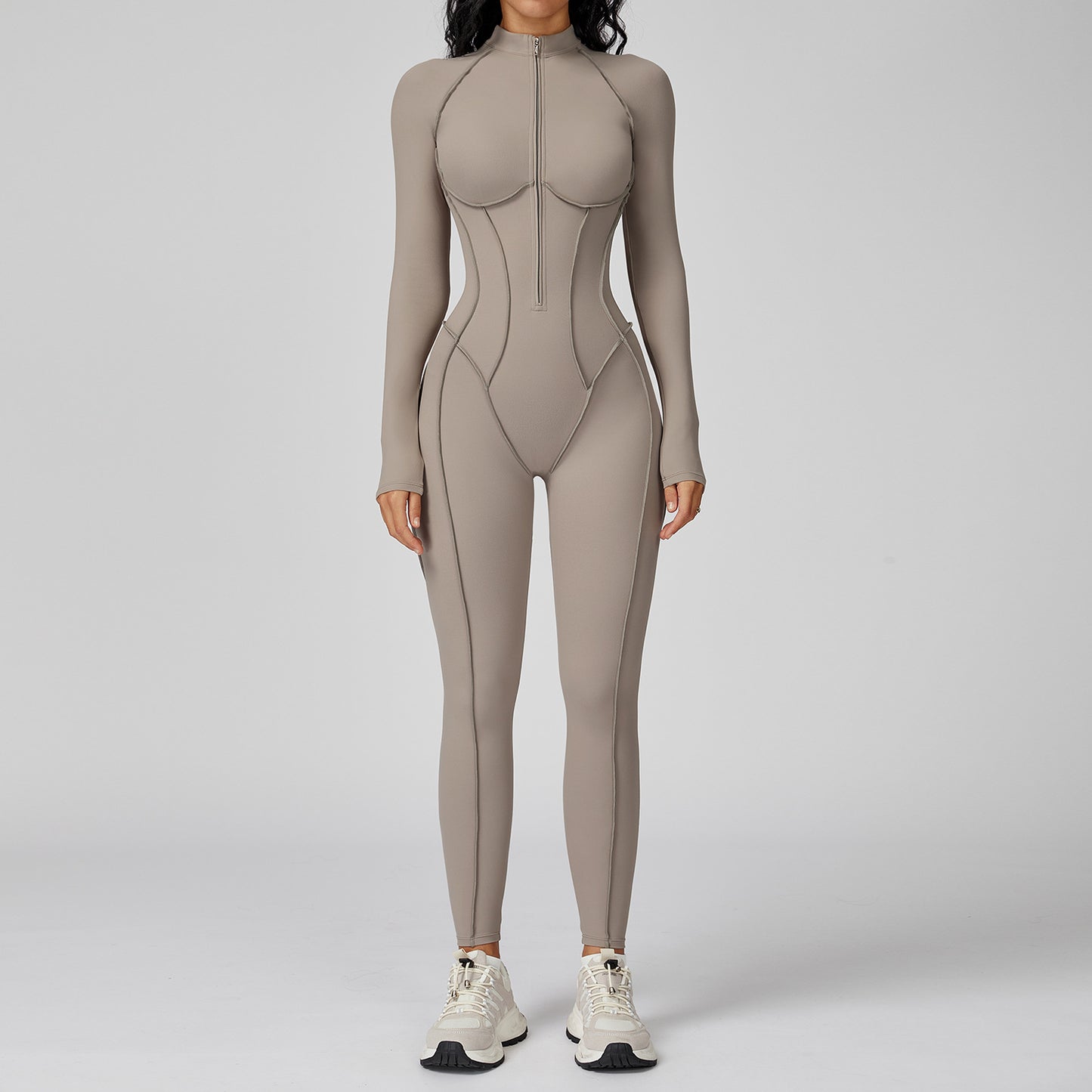 Sexy Damen Sport-Jumpsuit mit Reißverschluss, langärmelig – Fitness-Body für Fitnessstudio, Laufen & Workout