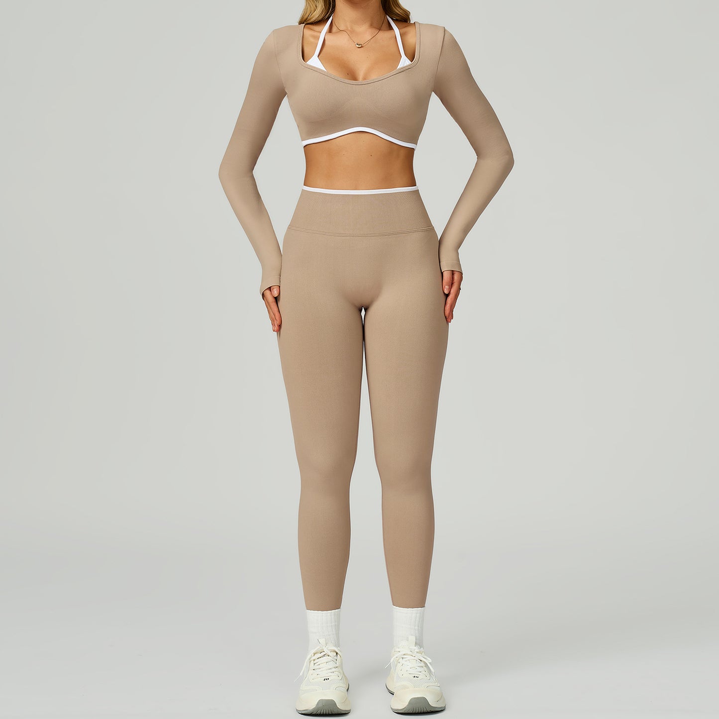 Nahtloses Damen Yoga Set (2-teilig) – Fitness Leggings & Langarm Sport-BH, Sportbekleidung für Gym & Workout