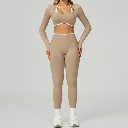Nahtloses Damen Yoga Set (2-teilig) – Fitness Leggings & Langarm Sport-BH, Sportbekleidung für Gym & Workout
