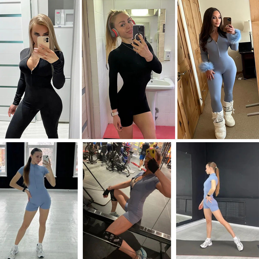 Sommer Damen Sport-Jumpsuit mit Reißverschluss – Kurzer Fitness-Overall für Fitnessstudio, Laufen und Yoga