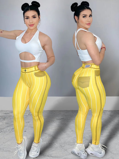 Damen High-Waist Sportleggings – Push-Up mit Streifen-Print für Fitness & Workout