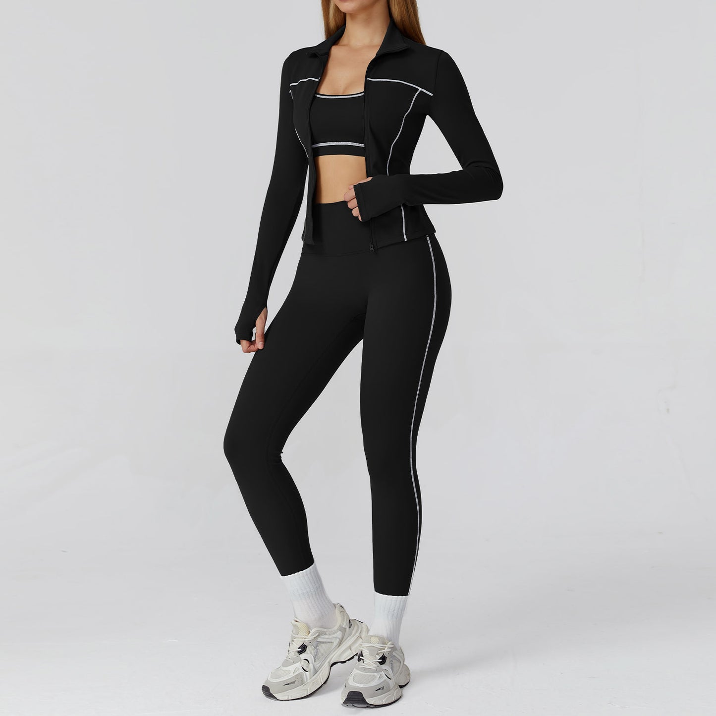 Damen Yoga- & Fitness-Set 2/3-teilig – Leggings, Sport-BH & Langarm-Top, Sportanzug für Gym & Workout