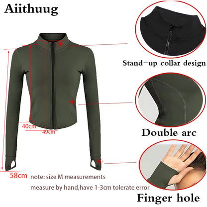 Aiithuug Damen Zip-Up Crop Jacke – Langarm mit Daumenlöchern