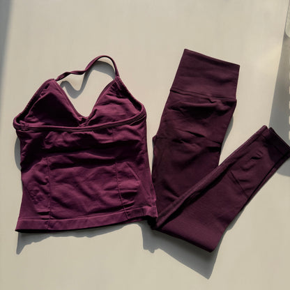 2-teiliges Damen Fitness-Set – Push-Up Yoga Hose & High-Waist Seamless Leggings mit Hollow-Back Sport-BH für Gym & Workout