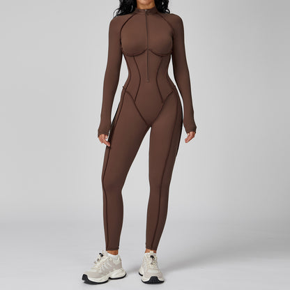 Sexy Damen Sport-Jumpsuit mit Reißverschluss, langärmelig – Fitness-Body für Fitnessstudio, Laufen & Workout