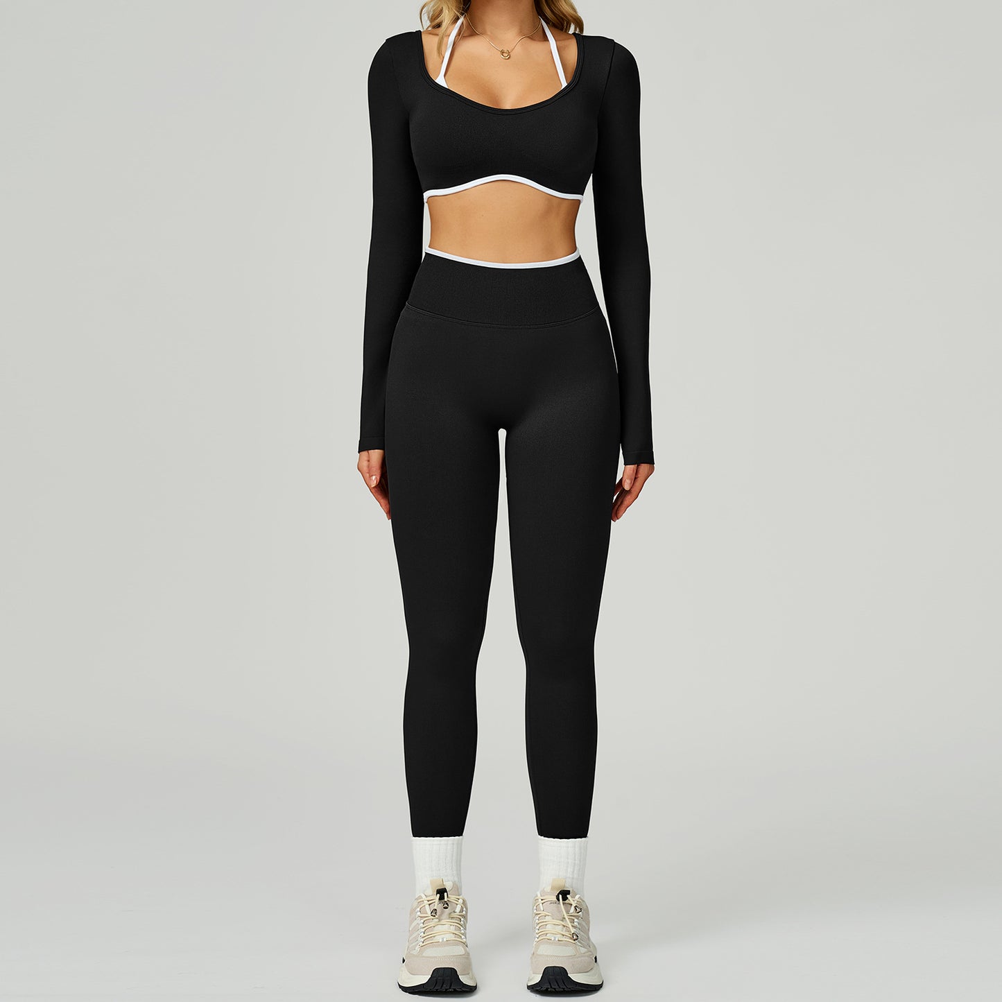 Nahtloses Damen Yoga Set (2-teilig) – Fitness Leggings & Langarm Sport-BH, Sportbekleidung für Gym & Workout