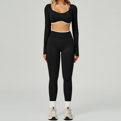 Nahtloses Damen Yoga Set (2-teilig) – Fitness Leggings & Langarm Sport-BH, Sportbekleidung für Gym & Workout