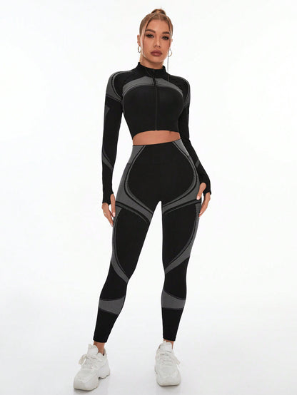 Nahtloses Damen-Yoga- und Fitness-Set – Leggings mit hohem Bund und Bauchkontrolle & Langarmshirt für Sport und Outdoor