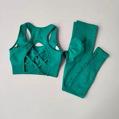 2-teiliges Damen Fitness-Set – Sport-BH (stoßfest) im Tank-Top-Design & Leggings, Yoga- & Running-Outfit mit schönem Rücken-Design