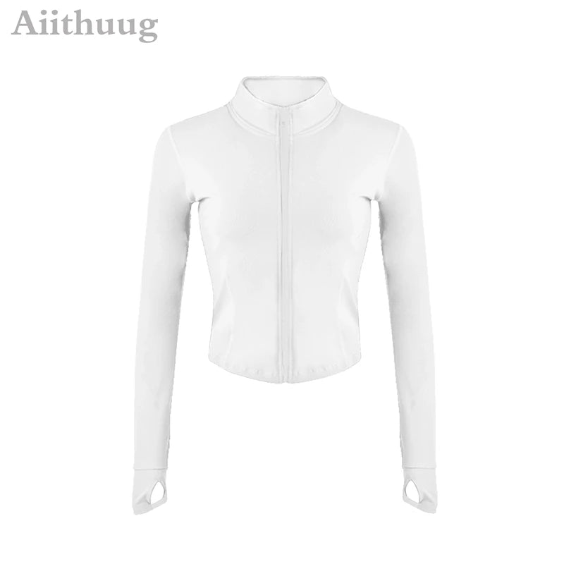 Aiithuug Damen Zip-Up Crop Jacke – Langarm mit Daumenlöchern