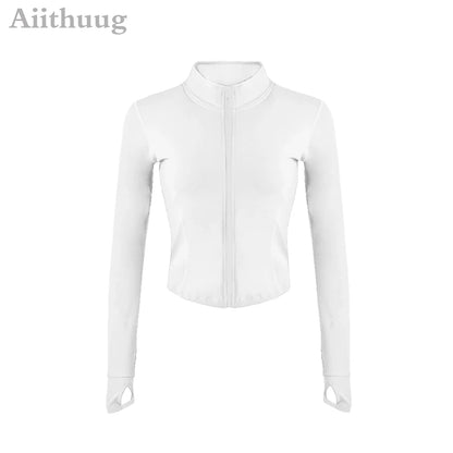 Aiithuug Damen Zip-Up Crop Jacke – Langarm mit Daumenlöchern