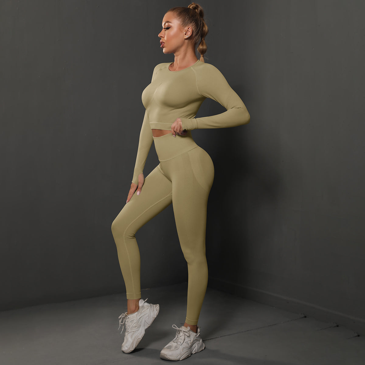 2-teiliges Energy Seamless Damen Sport-Set – Push-Up Sporthose mit Bubble-Butt-Effekt & Langarmshirt, Fitness- & Lauf-Set