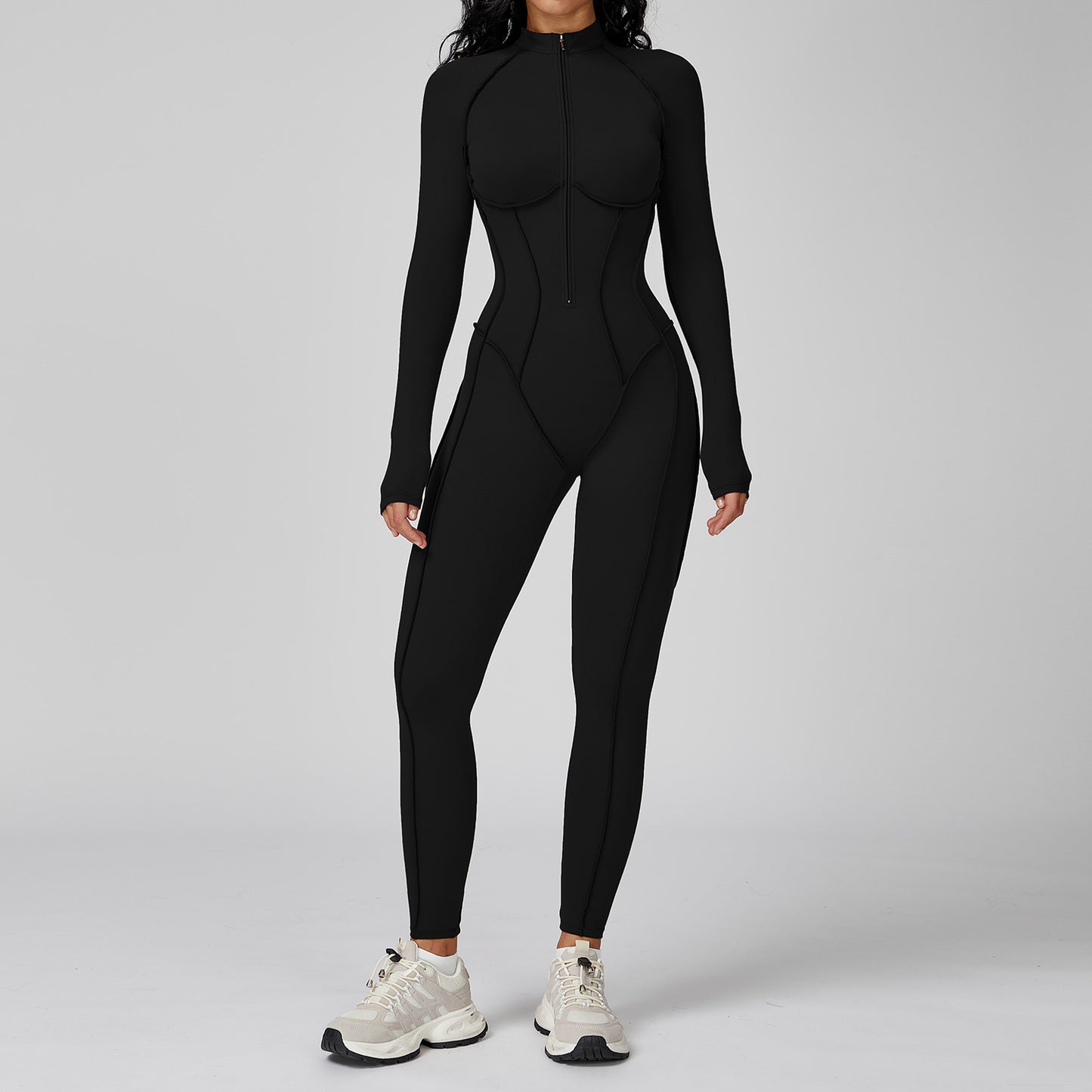 Sexy Damen Sport-Jumpsuit mit Reißverschluss, langärmelig – Fitness-Body für Fitnessstudio, Laufen & Workout