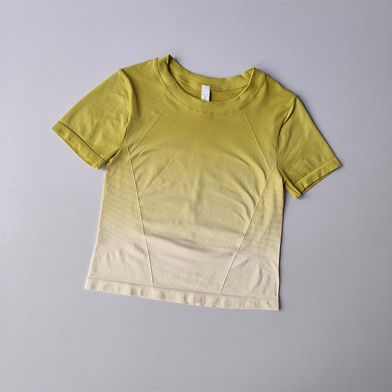 Damen Seamless Crop Top Kurzarm – Fitness & Yoga Sport T-Shirt mit Farbverlauf für Training & Running