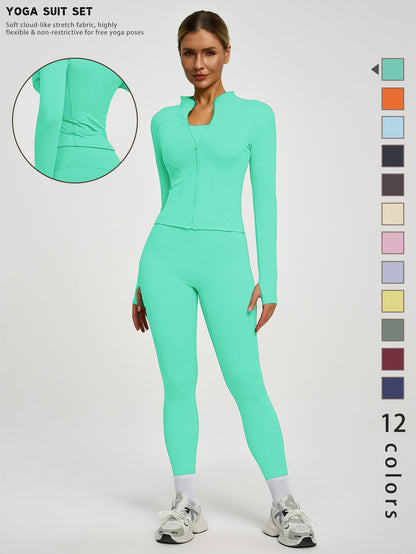 Fitfemme 2-teiliges Damen Frühling Yoga- & Fitness-Set – High-Waist Leggings & Sportjacke für Running, Lifting & Outdoor